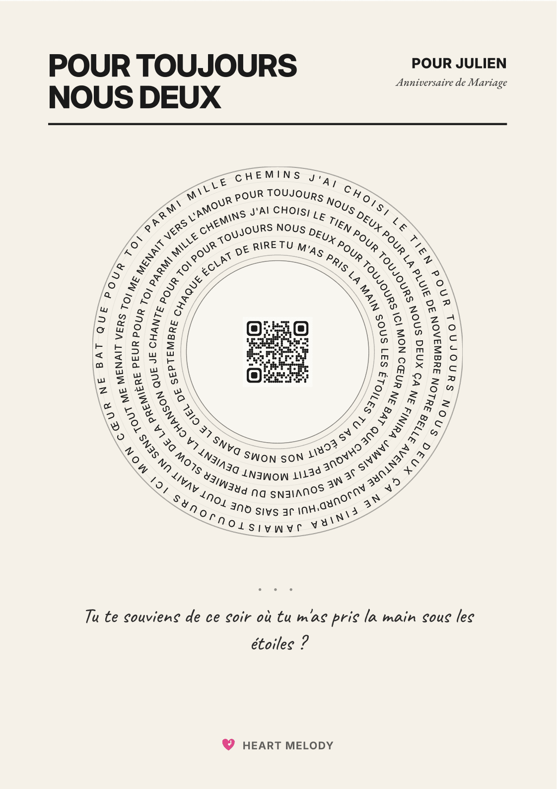 Carte des paroles à imprimer pour Julien