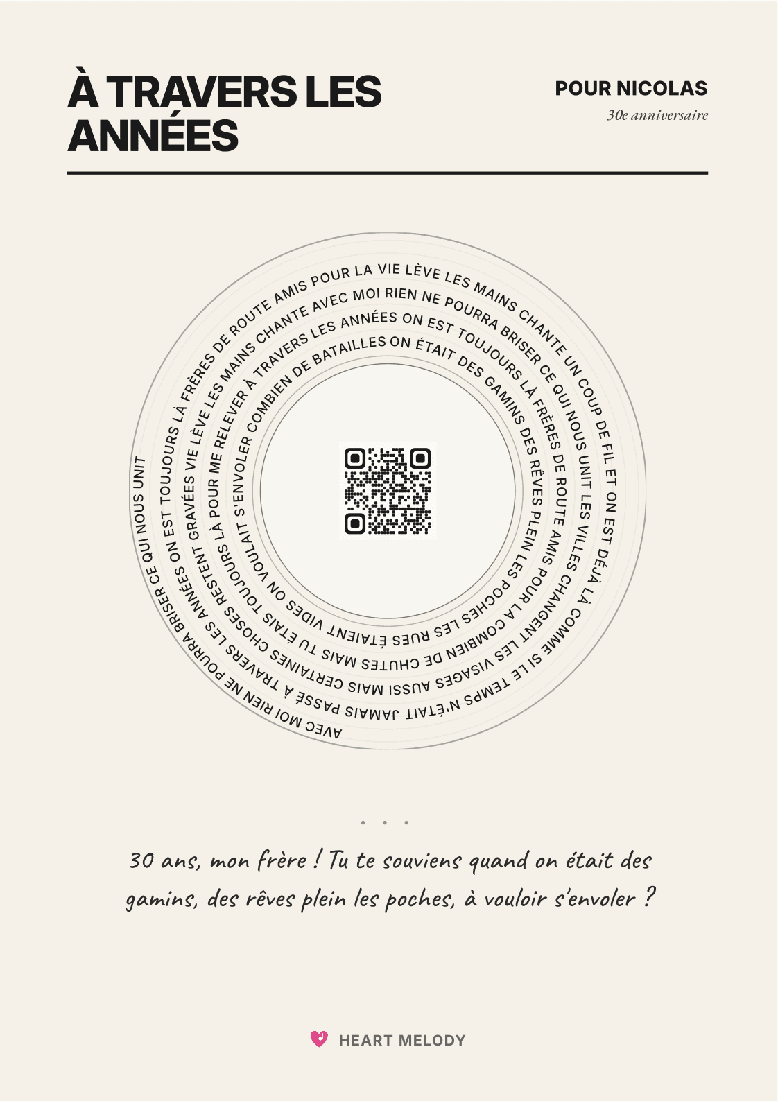 Carte des paroles à imprimer pour Nicolas